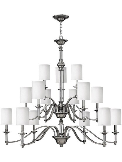 Sussex Three Tier Chandelier With Fabric Cylinder Shades in Brushed Nickel.